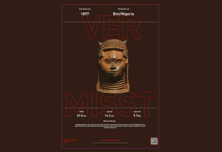 Plakat zur Ausstellung „Vermisst in Benin“